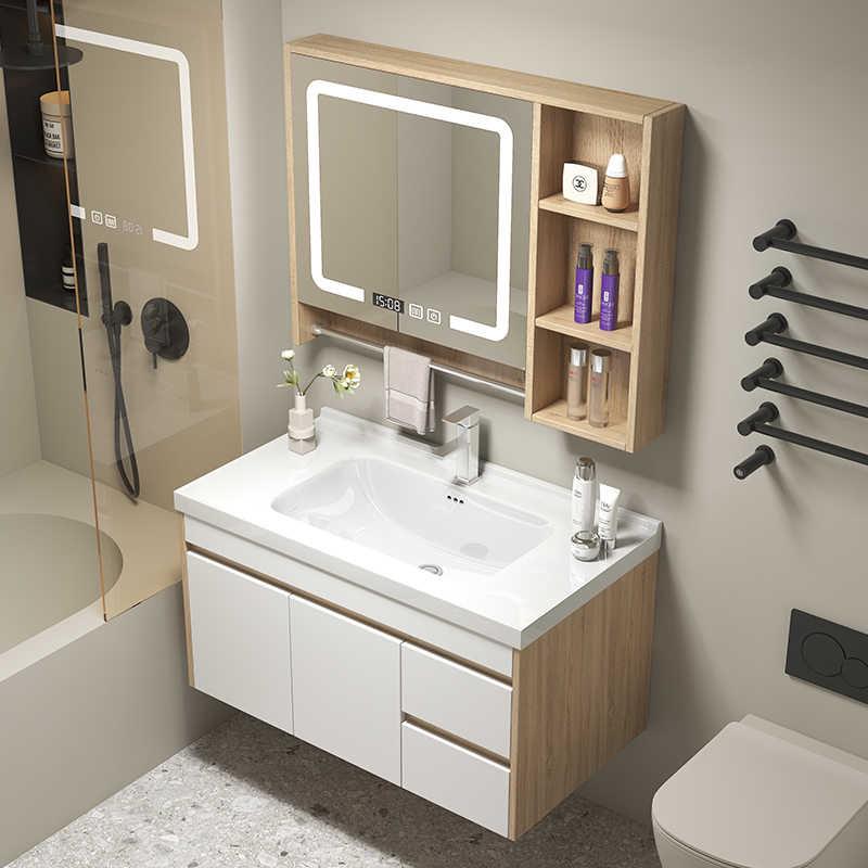 现代实木浴室柜卫生间洗脸盆柜组合洗漱台挂墙式一体陶瓷洗手盆柜