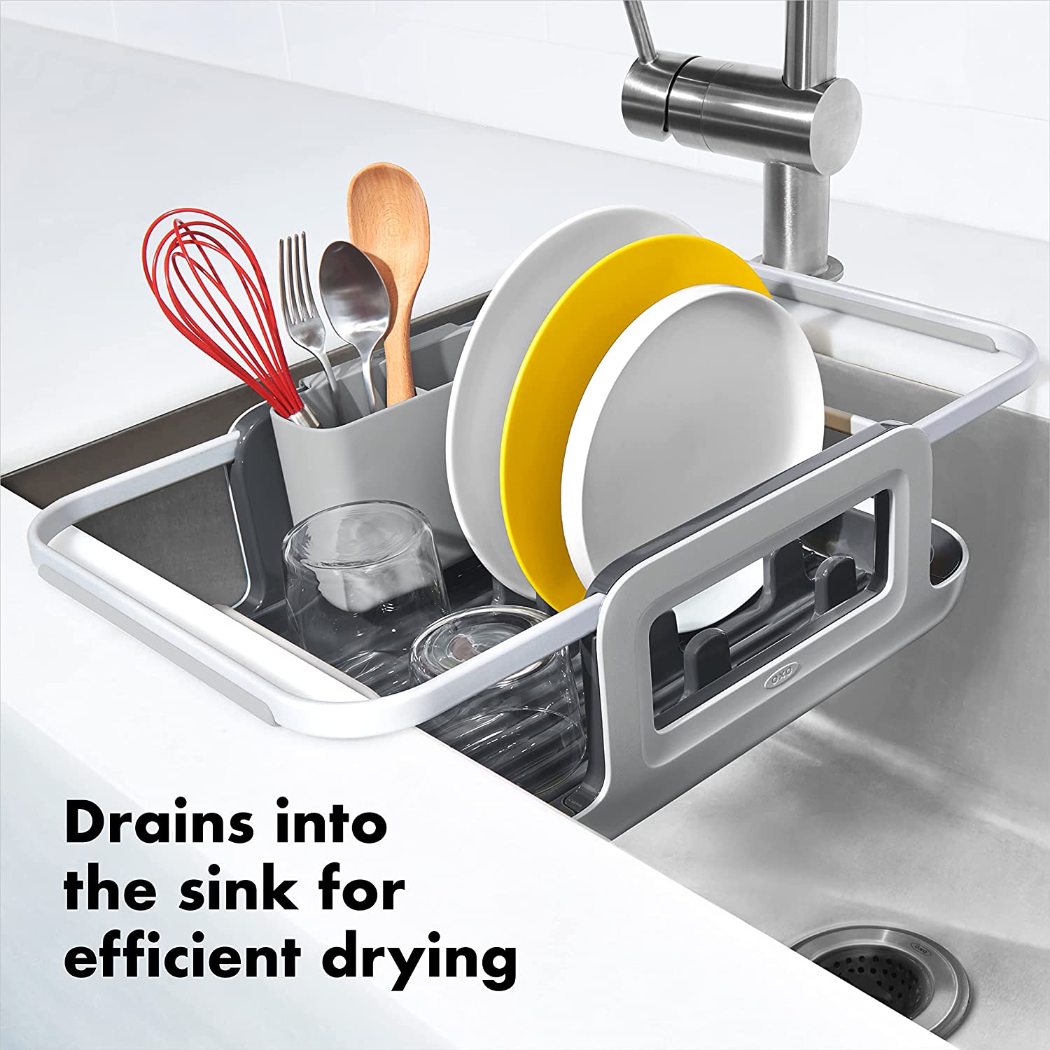 现货美国OXO可伸缩水槽配件沥水篮 铝制碗碟架沥水架厨房置物架
