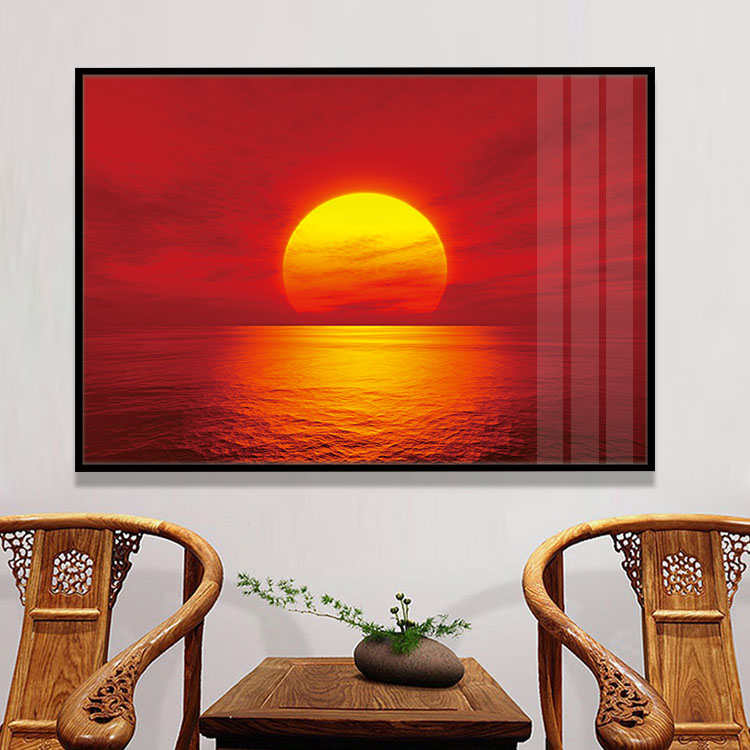 一轮红日太阳火红海上风景装饰画茶庄办公室红红火火晶瓷画墙挂画