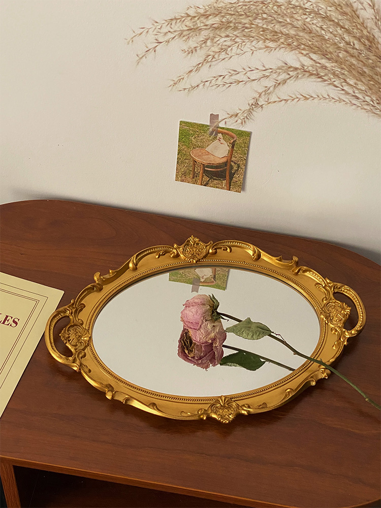 穆尼 法式复古浮雕花镜桌面简约摆拍道具甜品托盘摆台镜面化妆镜