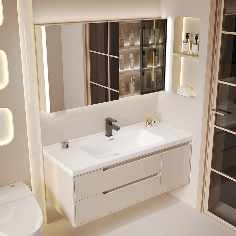 奶油风浴室柜组合橡木陶瓷一体盆智能镜洗手池洗漱台洗面盆卫生间