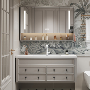 美式橡胶木浴室柜组合洗脸洗手面盆池陶瓷一体岩板台面可定制卫浴