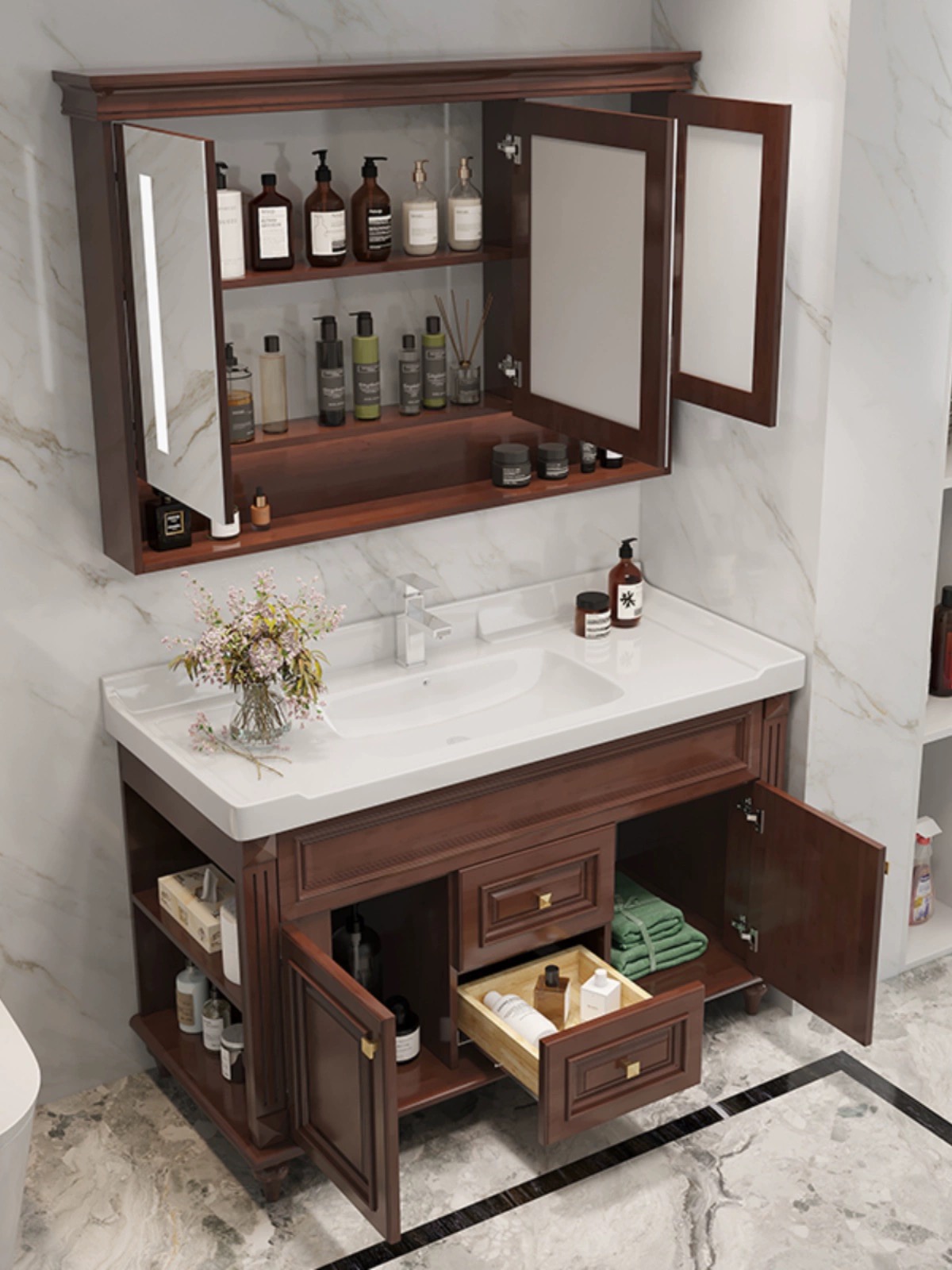 新款美式陶瓷一体盆浴室柜洗手洗脸盆柜组合实木橡木洗漱台卫生间