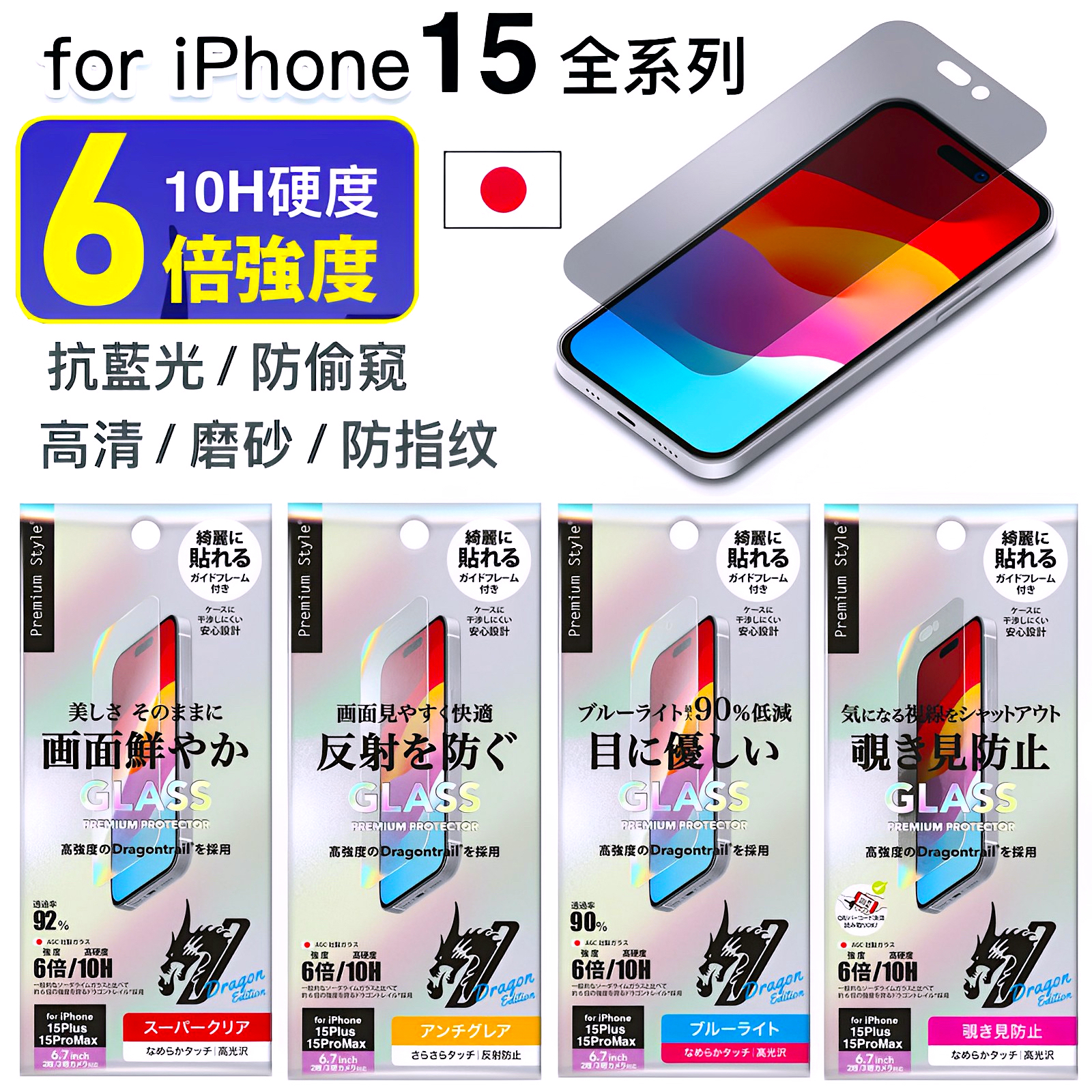 日本原装PGA正品苹果15ProMax防偷窥钢化膜高清iPhone15Pro/Plus磨砂防指纹抗蓝光6倍强度10H玻璃适用15贴膜