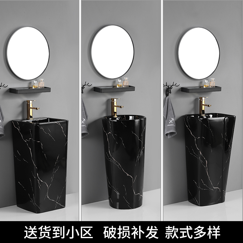 手绘黑色釉陶瓷洗手盆落地式一体洗脸台盆卫生间家用立柱盆