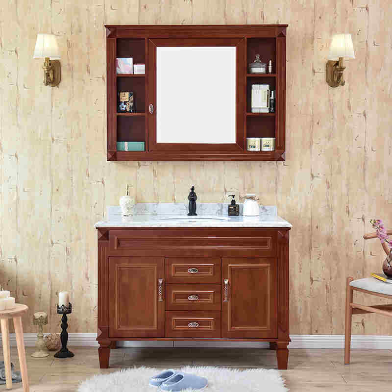 新品推荐恒妙新中式实木落地浴室柜组合橡木镜柜美式洗脸盆洗手池
