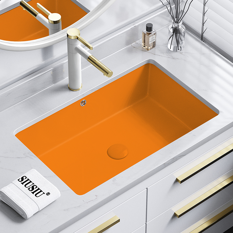 北欧极简橙色加深平底直角陶瓷洗手池大理石嵌入式台下盆洗漱洗脸