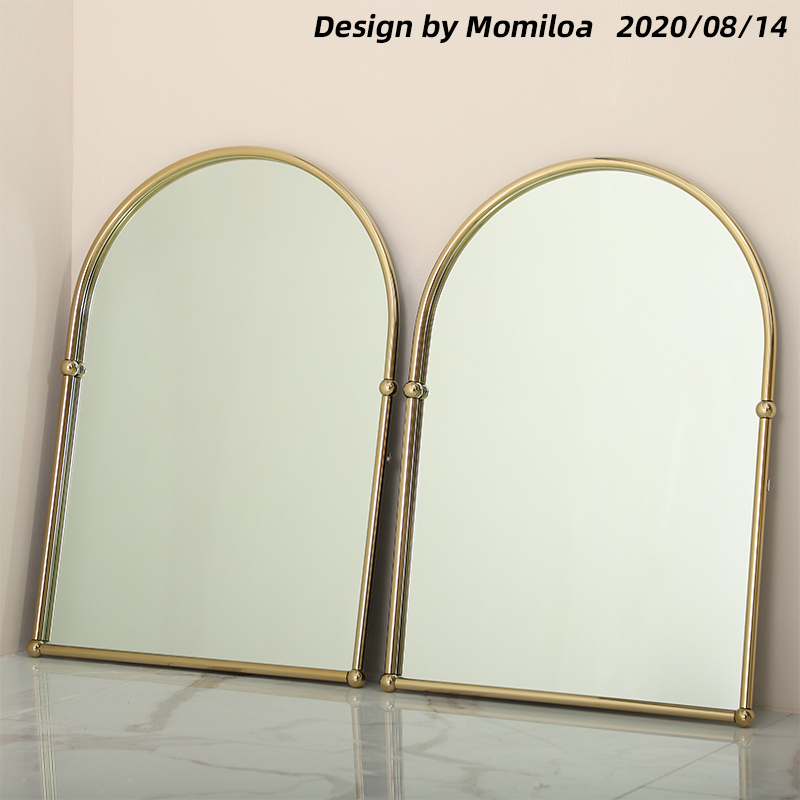 美景复古黄铜拱形椭圆浴室镜金色卫生间壁挂带置物架卫浴法式镜子