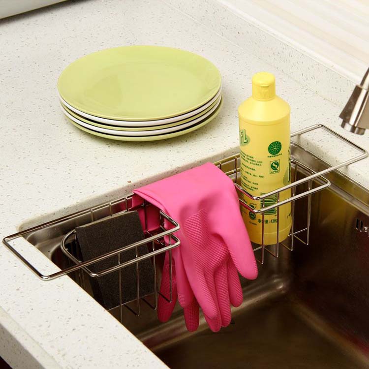 厨房居家不锈钢钢色水槽伸缩沥水架碗碟洗洁精抹布V沥水收纳架篮