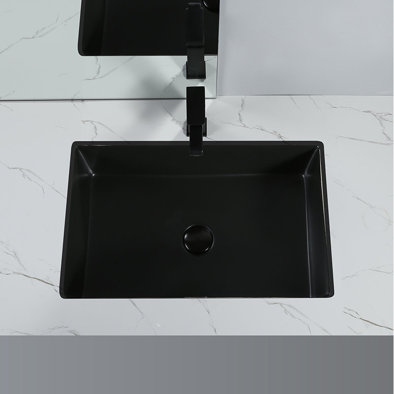 哑光黑台下盆陶瓷家用嵌入式洗手盆平底方形单盆卫生间洗脸池黑色