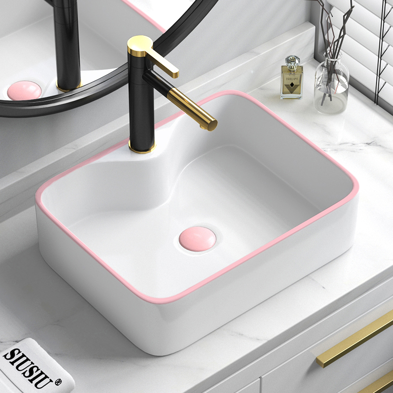 极速陶瓷台上洗手盆单盆可爱粉色方形轻奢卫生间面盆创意家用洗漱