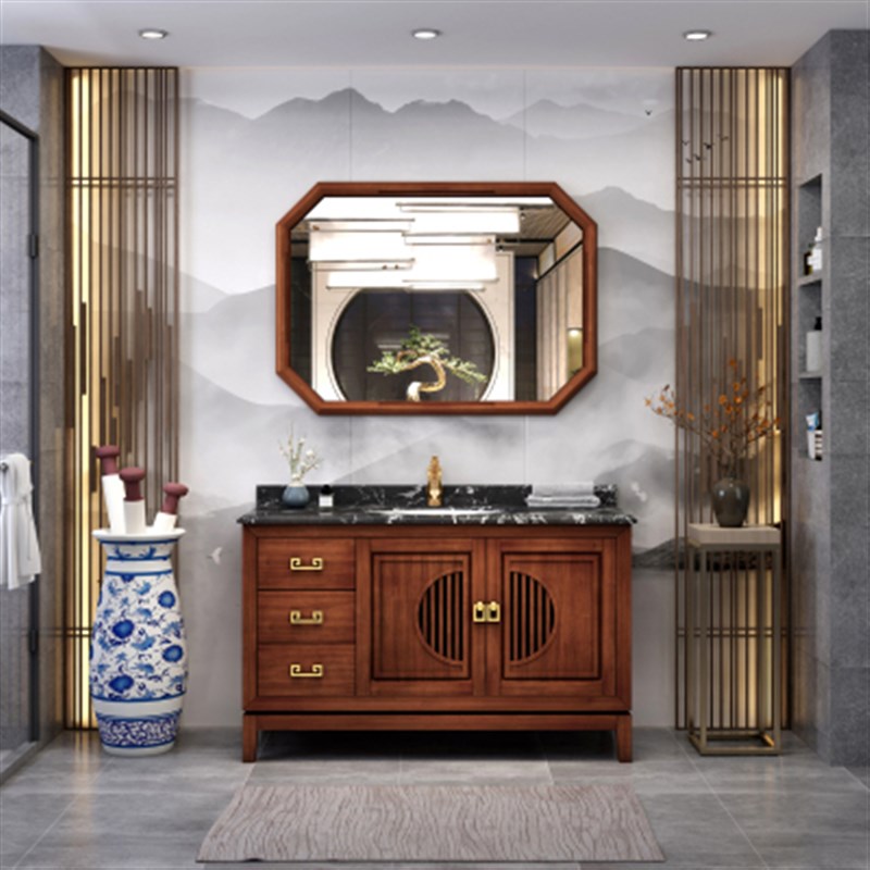 新中式浴室柜组合岩板实木卫浴柜轻奢橡木洗漱台卫生间洗脸盆定制
