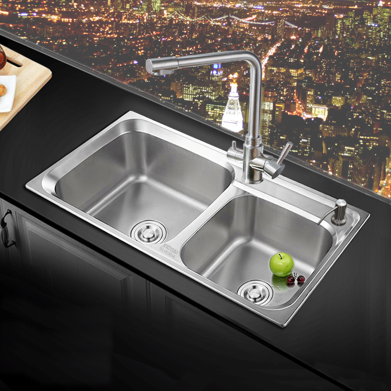 现货速发小户型厨房洗碗池双槽洗菜盆304不锈钢一体加厚水槽净水