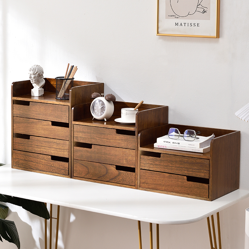 实木收纳盒桌面木质多层置物盒整理A4抽屉式杂物储物柜办公室桌上