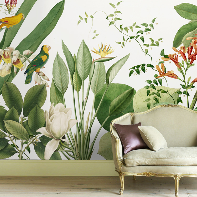 轻奢田园风壁画东南亚植物电视背景壁布热带雨林餐厅高端客厅墙布