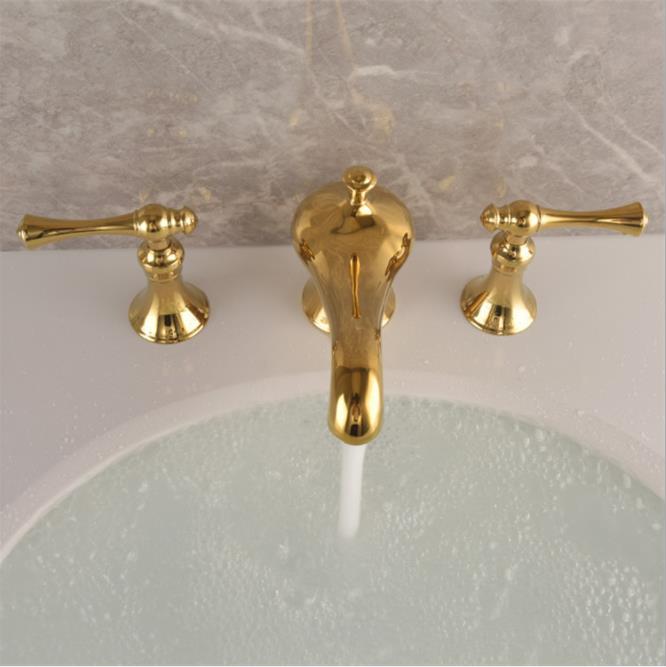 全铜面盆水龙头坐式双孔三孔件套分体式浴缸龙头金色欧式仿古龙头