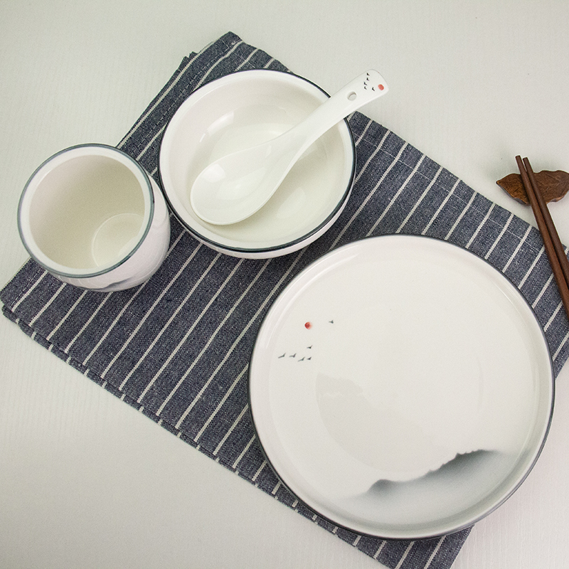 酒店摆台四件套创意陶瓷餐具碗碟套装中式水墨风商用碗碟勺子杯子
