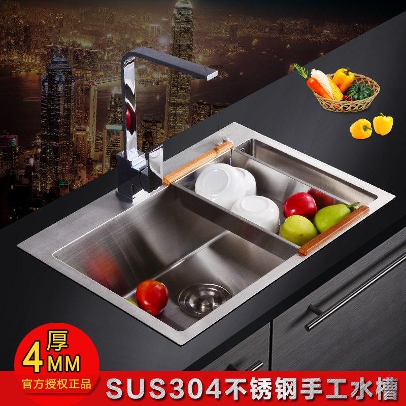 定制304不锈钢厨房手工盆水槽单槽加厚边厨房手工盆洗菜池台上下