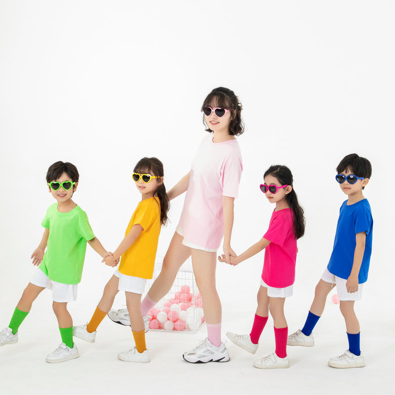 精梳棉彩色糖果亲子短袖t恤儿童幼儿园班服运动会表演服装多巴胺