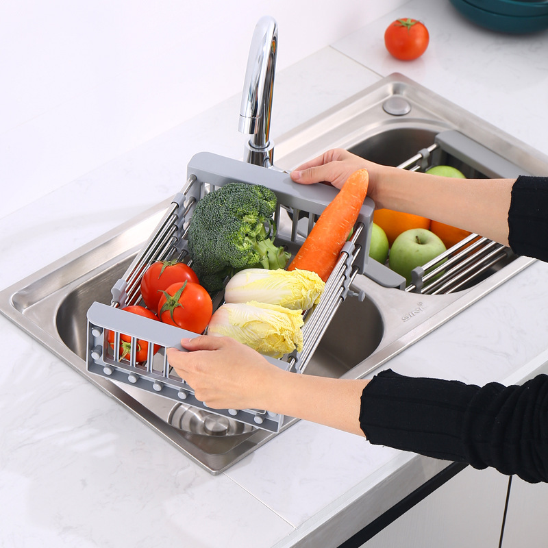 不锈钢厨房水槽沥水架伸缩果蔬沥水篮洗菜池多功能碗碟收纳沥水架