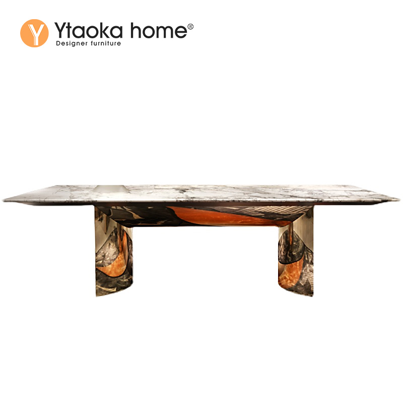 Ytaoka设计师高档轻奢大理石餐桌别墅现代不锈钢长方形饭桌椅组合