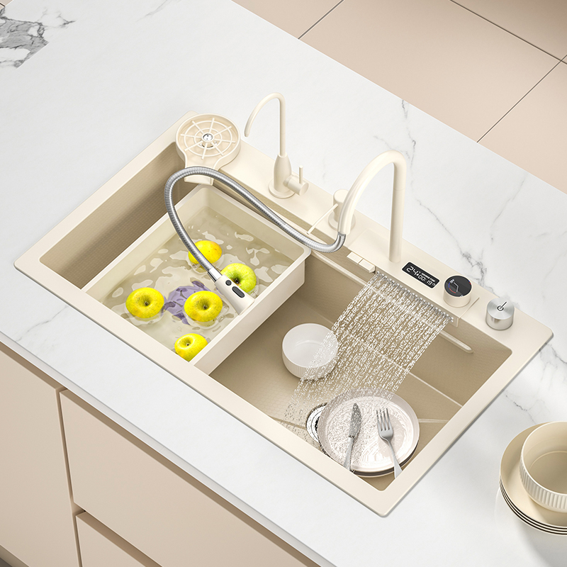 日本司野N8奶油数显飞雨瀑布大单槽家用厨房不锈钢手工水槽洗菜盆