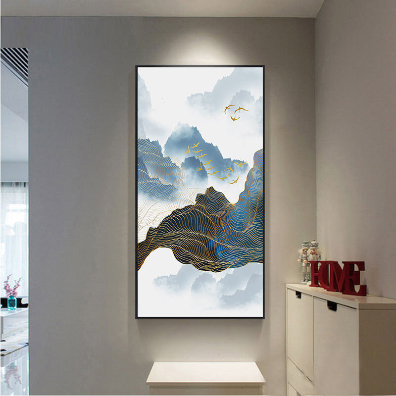 新中式山水画玄关装饰挂画竖版走廊过道禅意茶室壁画风景晶瓷国画