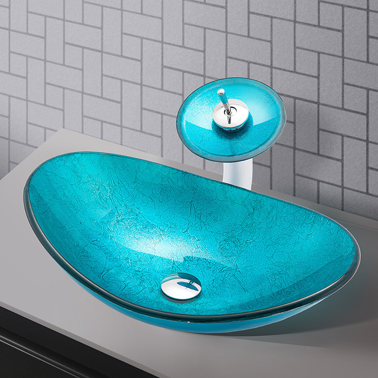 钢化玻璃台上盆洗脸盆洗手盆现代简约艺术盆创意长方形蓝色元宝形