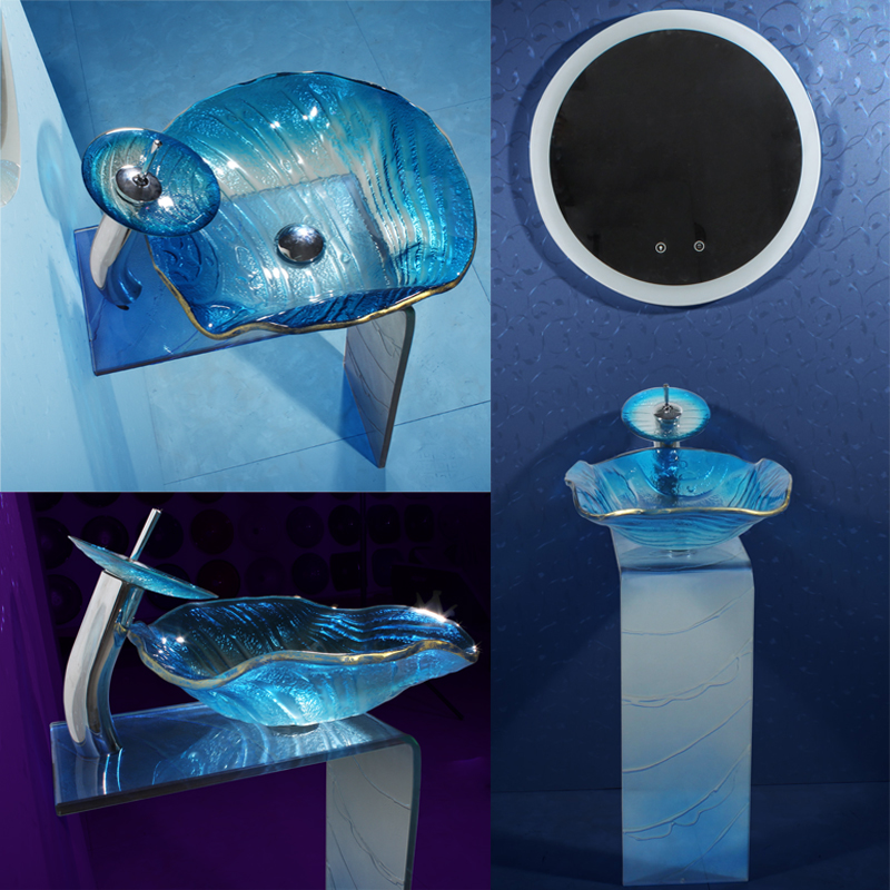 钢化玻璃L支架洗脸玻璃立柱盆 蓝色地中海落地式台上盆艺术盆面盆