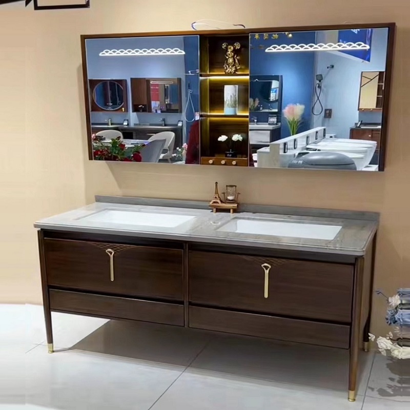 现代新中式浴室柜组合美式实木卫浴柜橡木洗脸洗手盆落地洗漱岩板