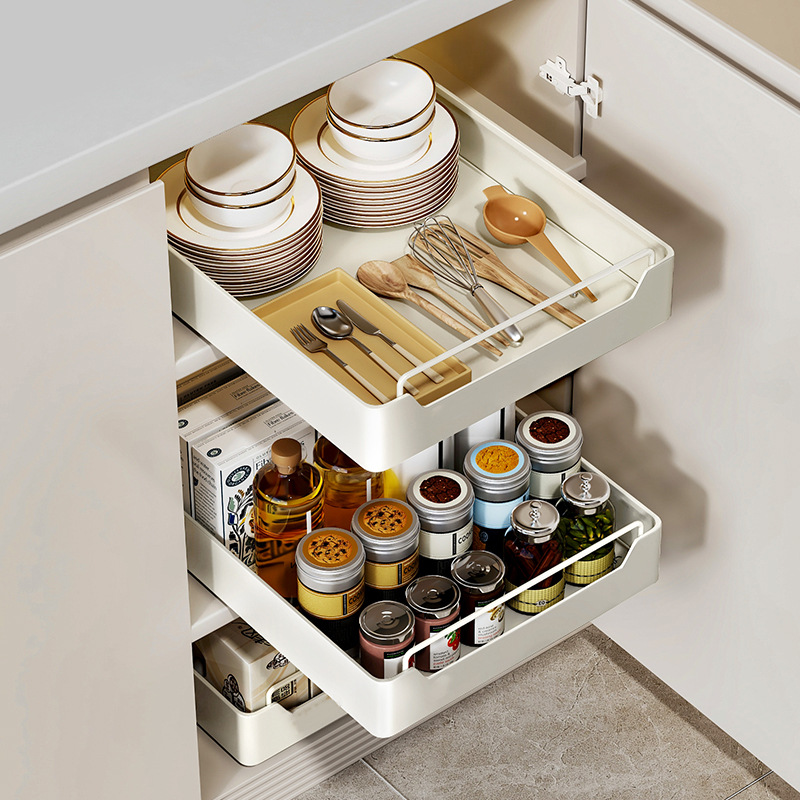 免打孔厨房抽拉式置物架下水槽拉篮橱柜子滑轨抽屉收纳盒