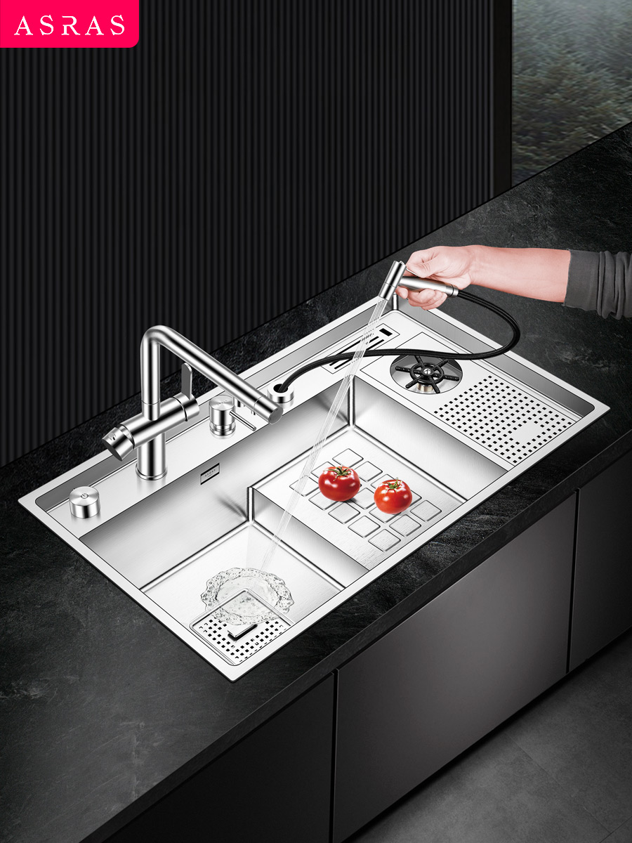 阿萨斯阶梯式水槽洗杯器洗菜盆304不锈钢手工水槽厨房高低大单槽