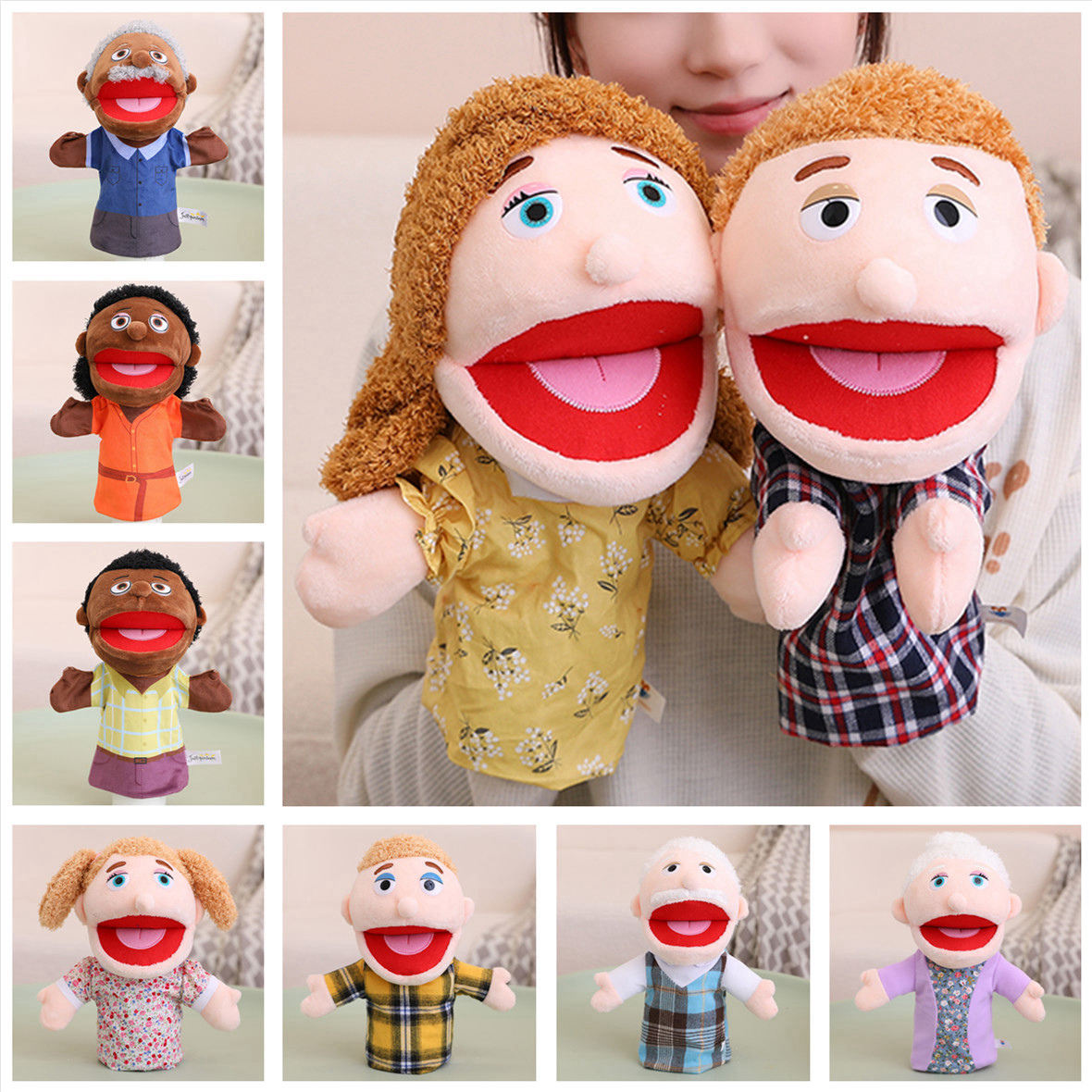 手偶玩具嘴巴能动幼儿园教具一家人物家庭成员手套张嘴讲故事玩偶