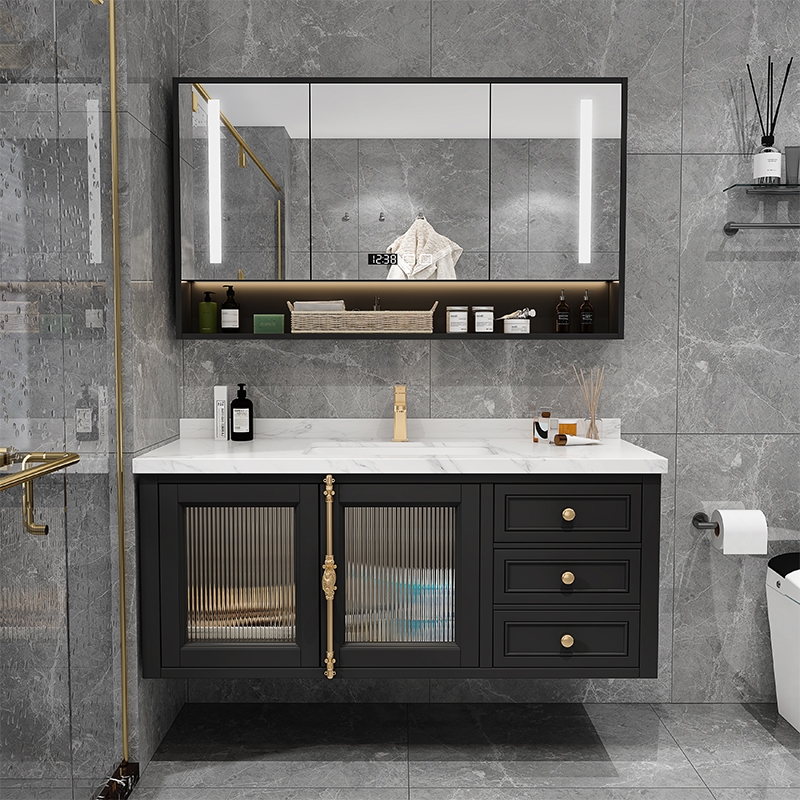 岩板轻奢浴室柜组合美式橡木洗手台洗脸盆柜卫生间智能卫浴柜定制