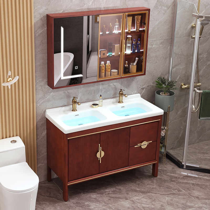 现代新中式橡木智能双盆浴室柜组合落地式洗手洗脸一体陶瓷洗漱台