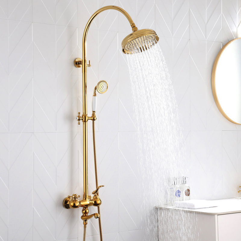 黄铜轻奢法式金色淋浴花洒套装壁挂式升降杆单把仿古欧式水龙头