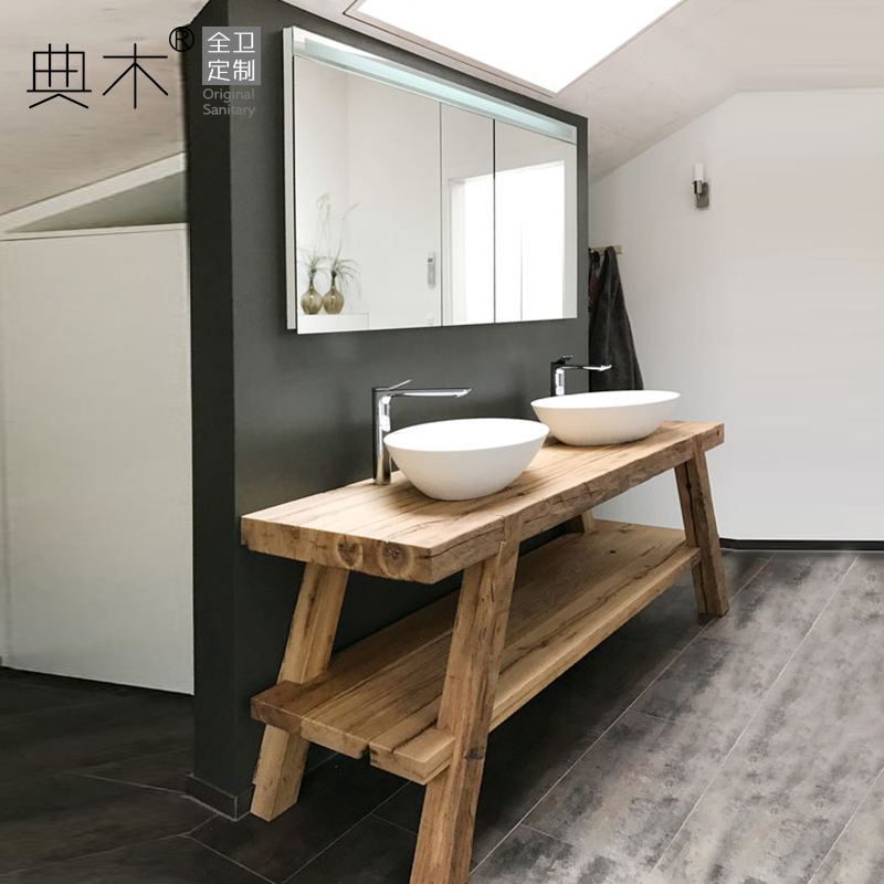 定制岩板卫浴柜简美落地新中式北欧风格实木洗脸盆柜卫生间洗漱台