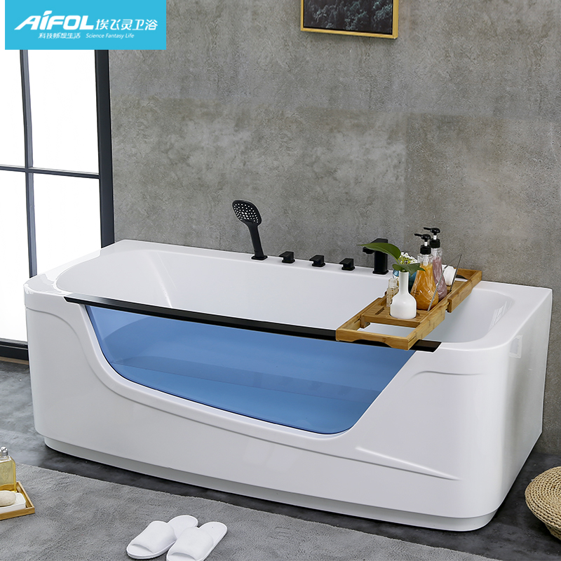 埃飞灵独立蓝灰玻欧式成人家用亚克力浴盆浴池长方形蓝色玻璃浴缸