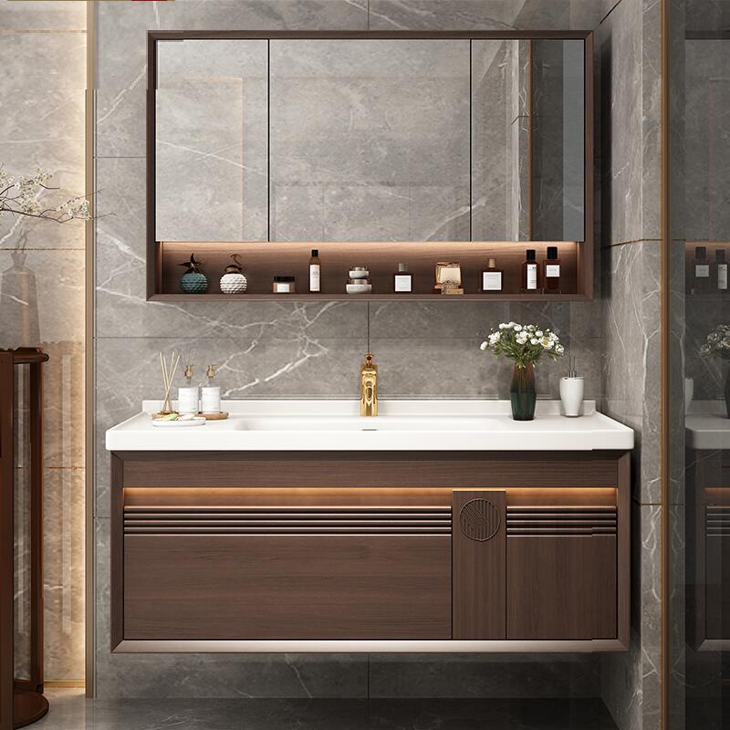 现代新中式浴室柜陶瓷一体盆橡木卫生间岩板实木洗脸盆组合洗漱台