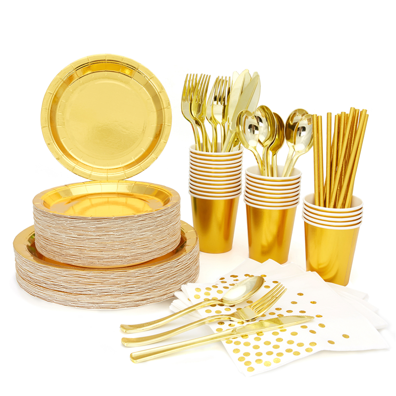 一次性纸质餐具套装系列纯金覆膜纸盘环保纸杯吸管纸巾镀金刀叉勺