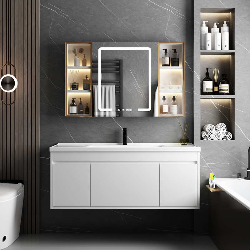 现代简约智能镜浴室柜组合实木陶瓷一体洗脸盆洗手盆柜洗漱台套装