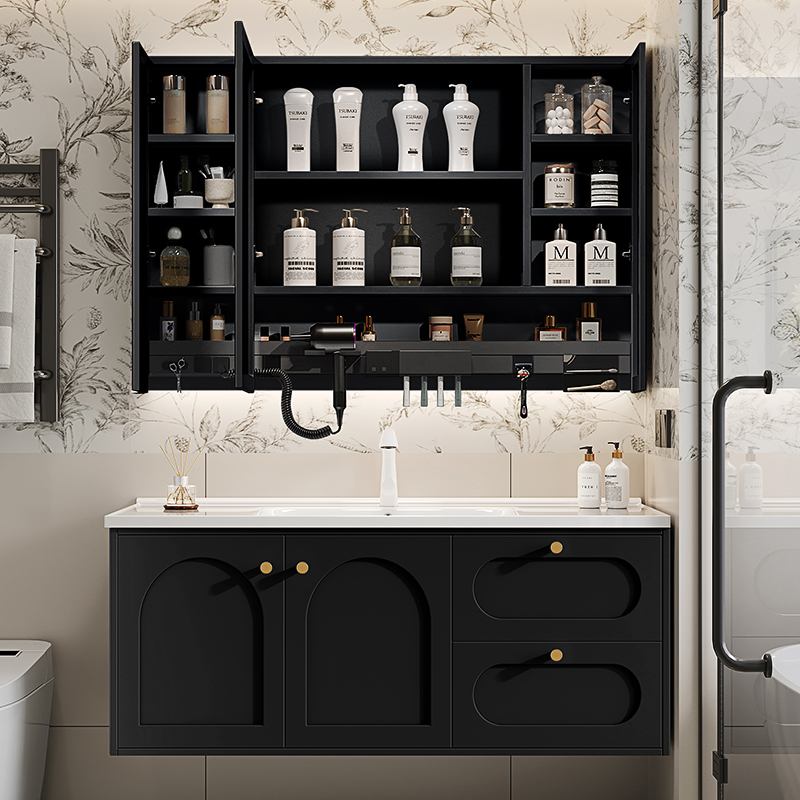 美法式浴室柜一体盆实木复古黑色烤漆洗漱台卫浴柜洗手台盆柜组合