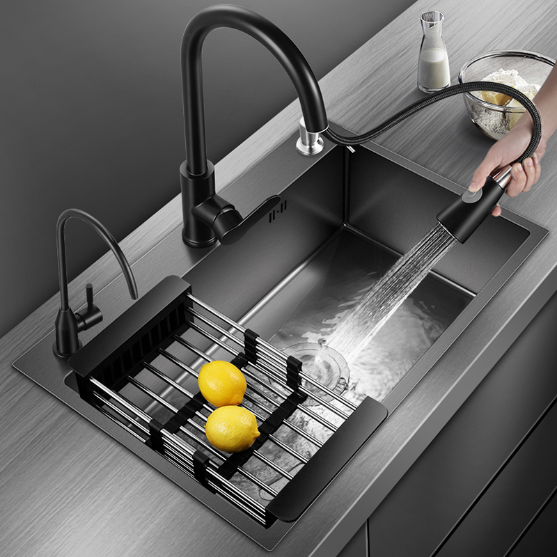 厨房双槽改单槽水槽家用洗菜盆304不锈钢洗碗池黑色手工台下盆