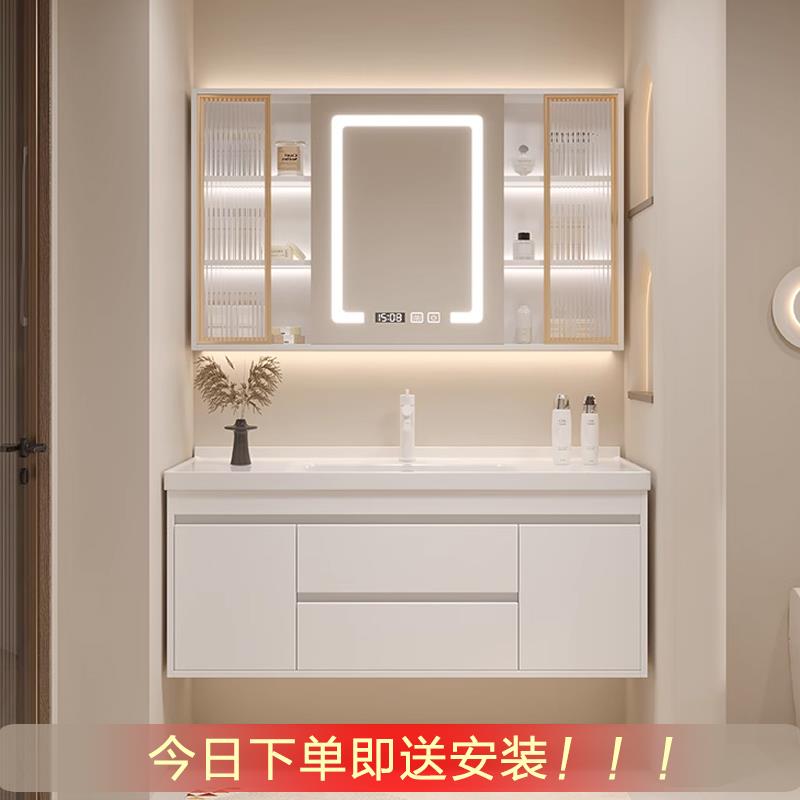奶油风实木陶瓷一体浴室柜组合卫生间台盆柜卫浴洗漱台洗手洗脸盆