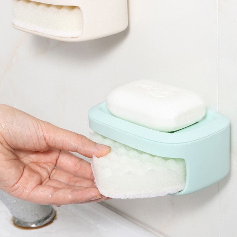 沥水香皂盒家用浴室壁挂洗衣免打孔双层肥皂收纳盒置物架带海绵擦