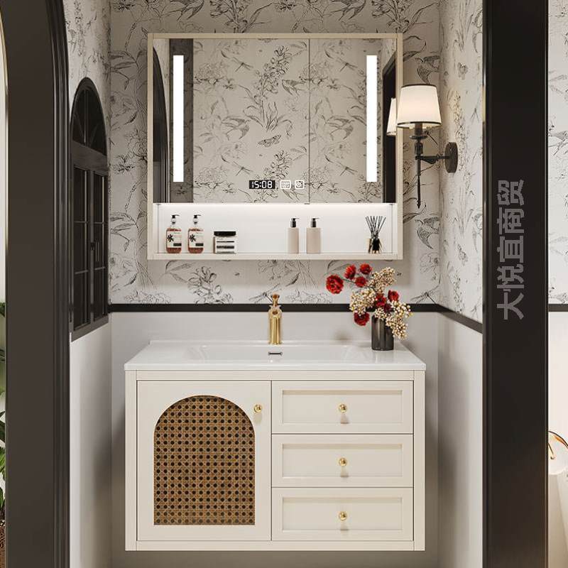 岩板橡木台卫浴卫生间组合浴室柜一体陶瓷洗脸盆洗漱法式盆洗手台