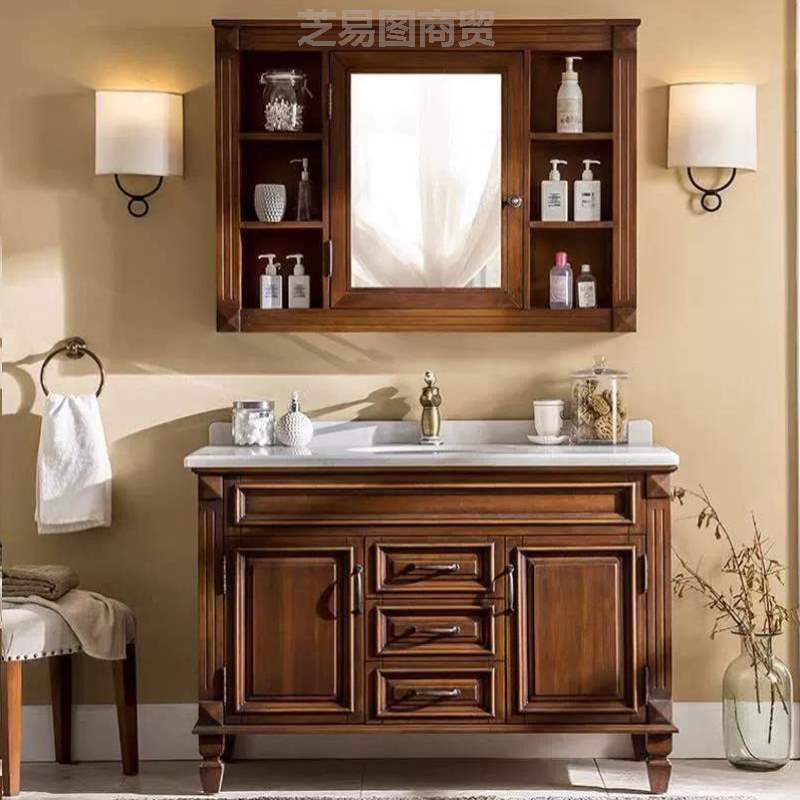 盆陶瓷美式台组合洗脸洗漱实木洗手盆卫生间一体浴室柜橡木落地柜
