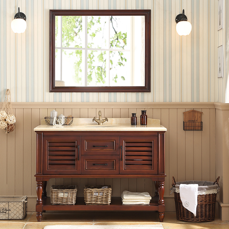 中式浴室柜组合橡木实木洗脸面盆洗手盆柜组合落地洗漱台卫生间