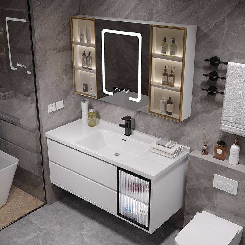 现代简约智能实木陶瓷一体盆浴室柜组合洗手洗脸盆洗漱台卫浴镜柜