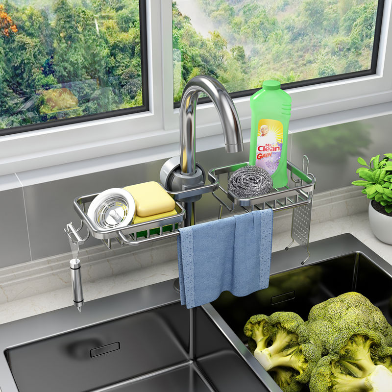 多功能洗菜盆水龙头上的置物架抹收布纳沥水太空铝凉晾架厨房专用
